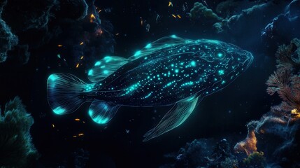 Exploring bioluminescent fish coral reef digital art underwater aerial view marine life concept