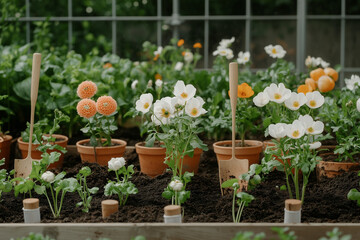Fototapeta premium Close-up of freshly planted spring flowers with vibrant petals in rich, dark soil, illuminated by soft sunlight in a garden setting.