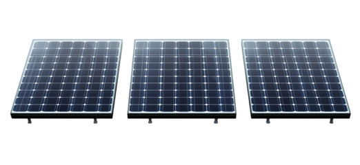Three Modern Solar Panels Clean Energy System Eco Sun Sky Blue Grid Power Green Light     