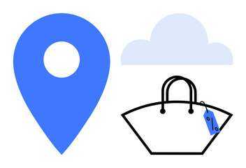 Blue map pin next to a cloud and a tote bag with a price tag. Ideal for e-commerce, geolocation services, cloud storage, retail, travel planning, online shopping, marketing strategies. Represents