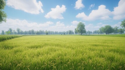 Obraz premium Lush Green Rice Field Under Blue Sky with Fluffy White Clouds
