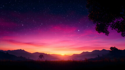 Naklejka premium Stunning Pixelated Sunset Over Mountainous Landscape with Vibrant Sky and Starry Night