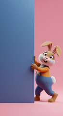 Fototapeta premium A 3D Easter Bunny holding a blue flat banner with copy space for text, a background for sales, marketing and advertising