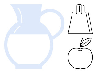 Minimalistic pitcher, shopping bag, and apple icon set. Ideal for kitchenware designs, grocery shopping themes, healthy eating promotions, minimalist aesthetics, website design, branding