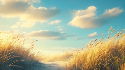 Serene Pathway Through Golden Grass Under Bright Blue Sky