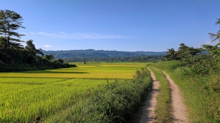 Obraz premium Scenic View of Lush Green Rice Fields with Clear Blue Sky