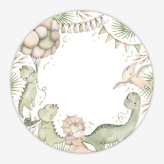 Dinosaurs Birthday Party. Watercolor hand-drawn round frame with little dinosaurs, tropical plants, balloons and confetti. © Nellya Egorova