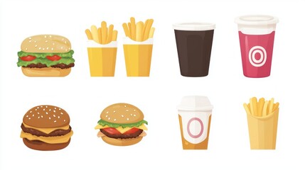 Indulge in a vibrant collection of fast food delights featuring juicy burgers, crispy fries, and refreshing beverages, all beautifully displayed on a bright white backdrop