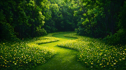 Obraz premium Sun Drenched Meadow Path Surrounded by Lush Green Trees and Vibrant Flora in a Forest Landscape
