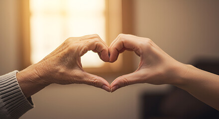 Two hands from different generations, old and new come together to form a heart shape