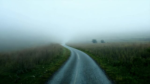 A mesmerizing foggy landscape captured early morning featuring old countryside outback road disappearing distance amidst fog green trees presented real time video footage