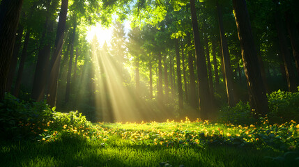 Obraz premium Sun Rays Shining Through Tall Trees in a Green Forest with Lush Foliage