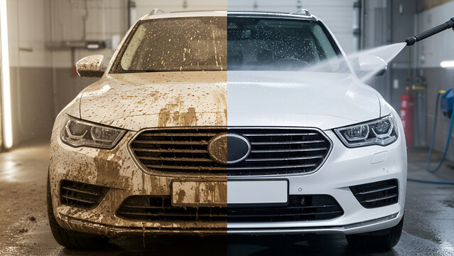 Before and after comparison of a car cleaning service using pressure washing