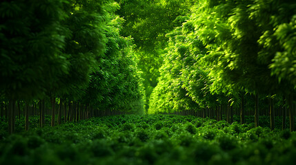 Lush Green Tree Row with Sunlight Shining Through Forest Canopy