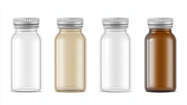 A striking assortment of glass bottles with metal screw caps showcases various designs and colors, ideal for storing a range of liquids from beverages to essential oils, enhancing organization - Powered by Adobe