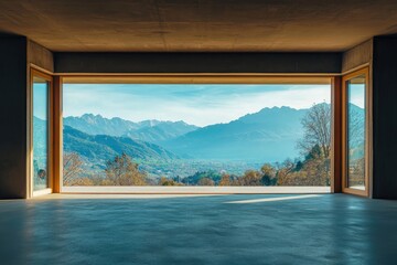 Fototapeta premium A large, open concrete space with tall glass windows overlooking trees and grass. Sunlight shines through the windows