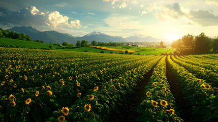Sunflower Field at Sunset with Golden Light and Mountain Backdrop Under a Blue Cloudy Sky