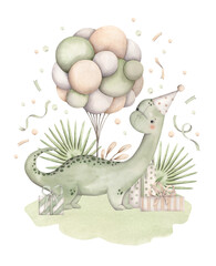 Naklejka premium Dinosaurs Birthday Party. Watercolor hand-drawn illustration with little dino in cap, tropical plants, balloons, gifts and confetti.
