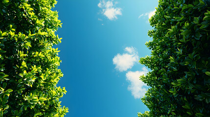 Obraz premium Lush Green Treetops Against a Vibrant Blue Sky with Scattered White Clouds