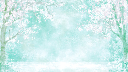 Ethereal Cherry Blossom Canopy Over Turquoise River Bank in Watercolor Dreamscape Tranquility