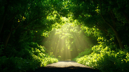 Obraz premium Sunlight Illuminating Forest Pathway through Lush Green Canopy with Tree Trunks and a Serene Environment