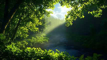 Fototapeta premium Sunlight Piercing Through Dense Green Forest Canopy Creating Beams of Light in a Serene Landscape