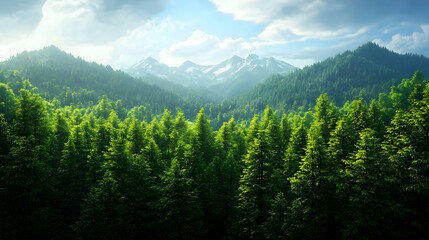 Obraz premium Lush Green Forest Covering Rolling Hills with Distant Snowy Mountains Under a Bright Sunny Sky