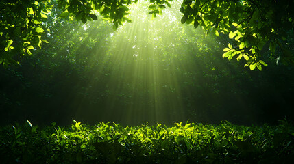Fototapeta premium Sunlight Shining Through Green Canopy Creates Ethereal Glow in the Forest