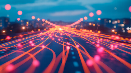 Vibrant night traffic flow urban city long exposure photography motion blur aerial view dynamic energy