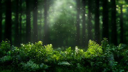 Obraz premium Lush Green Forest Ferns With Sparkling Sunlit Dust Particles Creating a Magical and Serene Woodland Atmosphere
