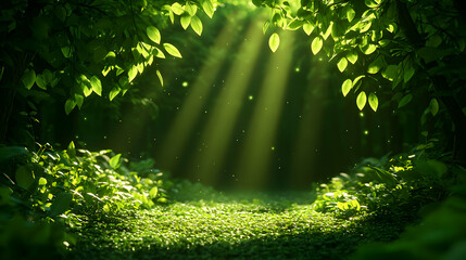 Fototapeta premium Sunlight Shining Through Green Leaves in a Forest Path with Beam of Light