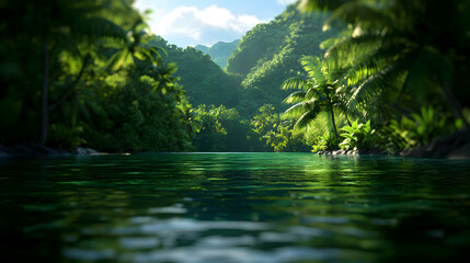 Lush Green Tropical Jungle Landscape with Calm Water Reflections and Vibrant Sunlight