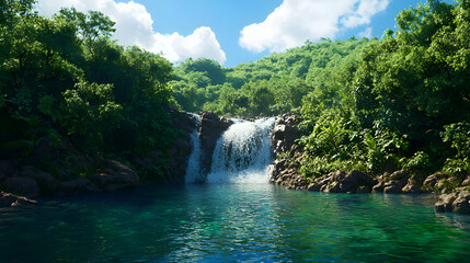 Obraz premium Lush Green Tropical Waterfall Cascade Into a Clear Turquoise Pool in Sunny Day