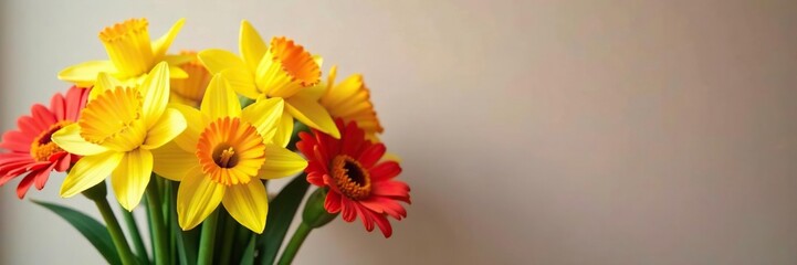 Fototapeta premium Fresh bouquet of daffodils and gerbera daisies, bright bouquet, red flowers, spring flowers