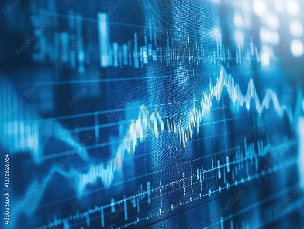 Poster abstract data visualization with fluctuating graphs representing market trends and analytics in a di