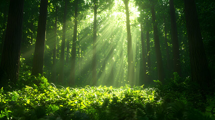 Obraz premium Sunlight Streaming Through Green Forest Canopy with Ferns on Forest Floor