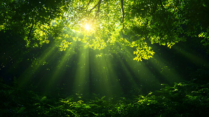 Obraz premium Sunlight Streaming Through Green Forest Canopy with Sun Rays and Light Beams in a Peaceful Nature Scene