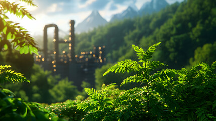 Lush Green Forest Landscape with Distant Mountains and Architectural Structure Under Bright Sunlight