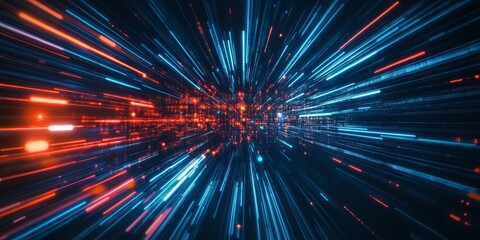 Naklejka premium Abstract high-speed light trail effect with blue and red tones, futuristic motion concept.