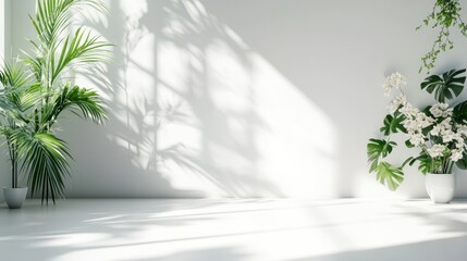 Minimalist white room interior with sunlight, plants, and shadows.