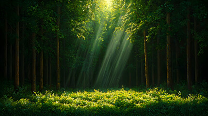 Fototapeta premium Sunlight Streaming Through Tall Trees in Lush Green Forest Landscape
