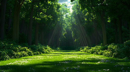 Fototapeta premium Sunlight Streaming Through Trees on a Forest Path with Green Grass and Foliage