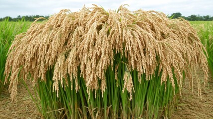 Golden Rice Harvest with Abundant Grain and Lush Green Fields