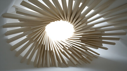 Dynamic wooden sculpture installation modern gallery art display minimalist environment overhead view contemporary design