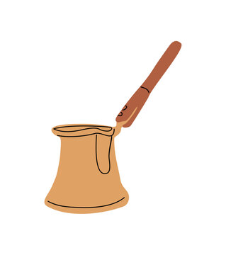 recommend clip art: Copper Turkish coffee pot with wooden handle, beverage cezve coffee maker. Vintage flat vector illustration isolated