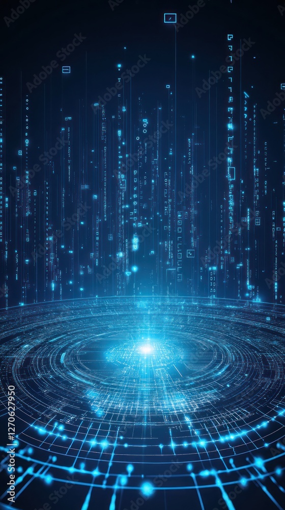 Poster abstract digital background featuring glowing blue data streams cascading over a circular pattern, i
