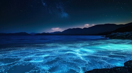 Bioluminescent waves illuminate night sea coastal region nature photography tranquil environment aerial view ocean beauty