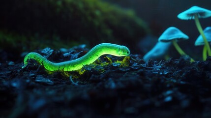 Bioluminescent worms crawling among fungi in a lush forest nature scene close-up magical environment
