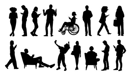 Silhouettes of Diverse people using gadgets. Men, women, disabled person in wheelchair holding smartphones, texting, talking. Male, female black Vector icons isolated