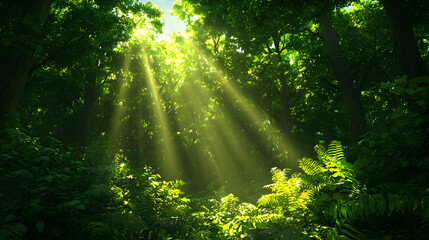 Obraz premium Sunlight Through Vivid Green Forest Canopy Illuminating Verdant Undergrowth Creating Peaceful Woodland Scene